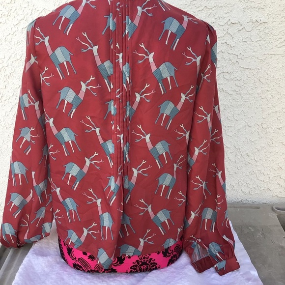 Anthropologie Geisha Designs Deer print red pleated  blouse  XS - Picture 4 of 7